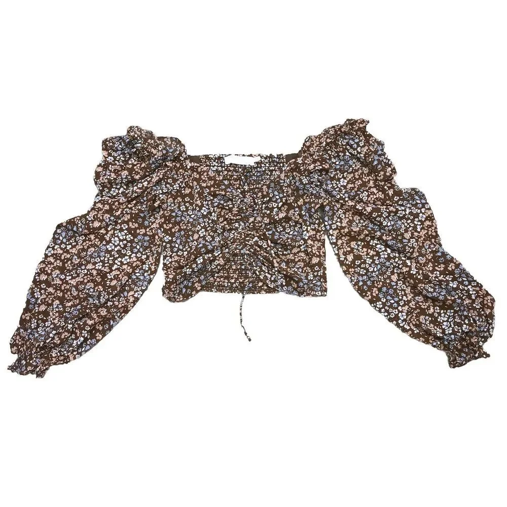 ASTR The Label Top Women's‎ M Brown Floral Puff Sleeve Peasant Ruffle Smocked